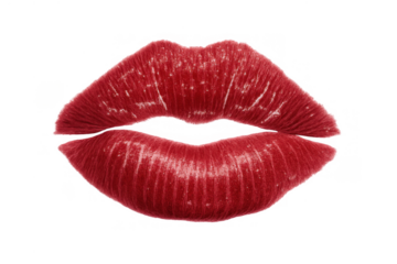 Red glossy lips forming sensual kiss mark with prominent texture, representing beauty, romance, and passion