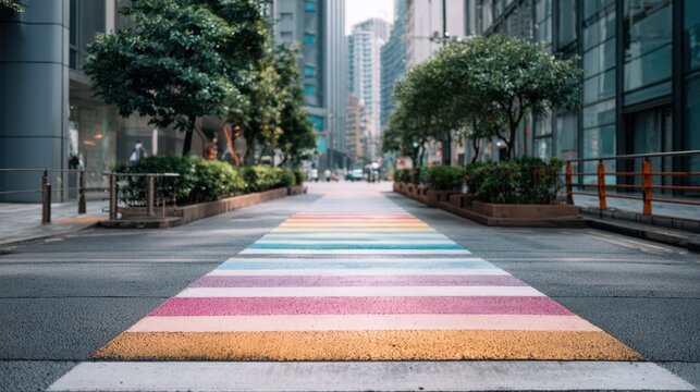 Rainbow-painted crosswalk in an urban setting, showcasing vibrant colors and symbolizing inclusivity and community spirit with copy space - Powered by Adobe