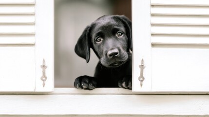 Curious black puppy peeks out from behind a window shutter on a sunny day, evoking joy and playfulness