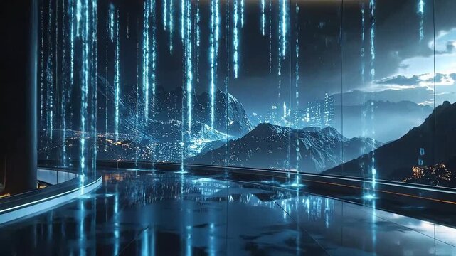 Futuristic interior with digital rain and a mountain landscape backdrop viewed through glass.