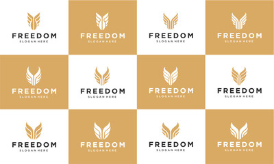 A collection of minimalist wing and bird-like logo designs for a brand named "FREEDOM" with alternating gold and white backgrounds.