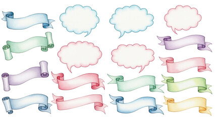 Set of watercolor ribbon banners Hand painted scroll text bubbles for invitation headers