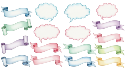 Set of watercolor ribbon banners Hand painted scroll text bubbles for invitation headers