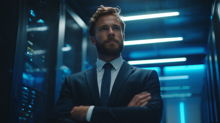 Young pro man in suit stands arms crossed in modern server room. Futuristic tech office with glowing blue lights and computer screens showing data