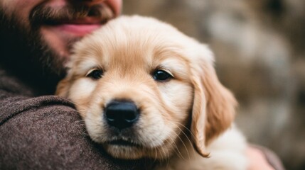 Man holds golden retriever puppy during sunny day in the park
