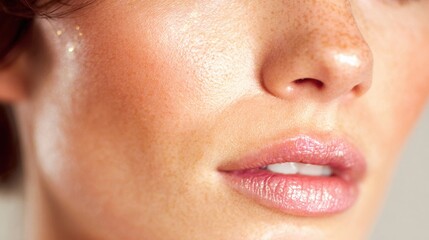 Fototapeta premium Close-up of a woman's face with freckles and shiny lips in a studio setting