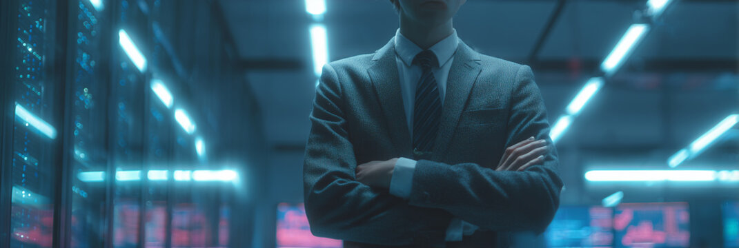 Young pro man in suit stands arms crossed in modern server room. Futuristic tech office with glowing blue lights and computer screens showing data - Powered by Adobe