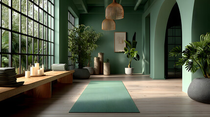 Interior of a yoga studio hall in green colors.