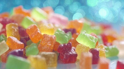 Colorful gummy candy arranged on a table with a shiny background