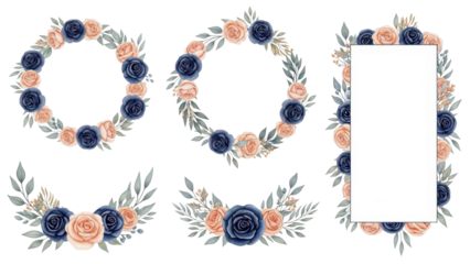 Set of watercolor floral frame bouquets of navy and peach roses and leaves Botanic decoration illustration for wedding card, fabric, and logo composition