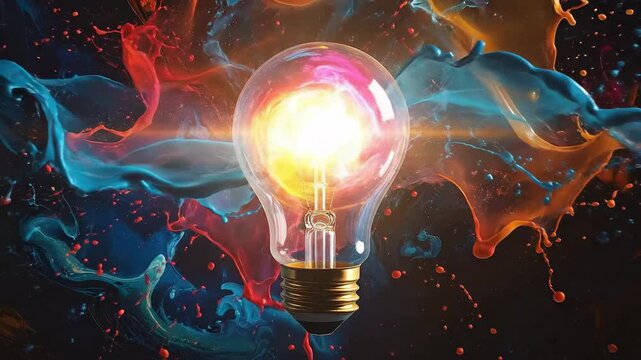 Illuminated lightbulb surrounded by bursts of vibrant paint, symbolizing a creative idea.