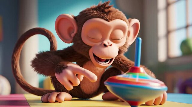 Animated playful monkey exploring colors and spinning tops in a cheerful setting