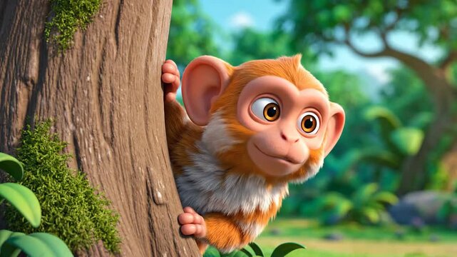 Playful animated monkey peeking from behind a tree in a lush green jungle scene