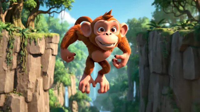 Animated Monkey Jumping and Exploring a Vibrant Jungle Landscape in a Dynamic Adventure Scene