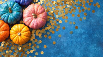Colorful pumpkins with shiny confetti on blue background for fall decoration