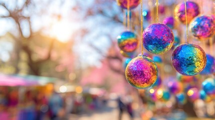 Obraz premium Colorful decorations hang in a festive market during a bright afternoon