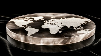 A miniature world map etched onto a polished obsidian disc with intricate details