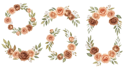 Set of watercolor floral arrangements of brown and peach roses and leaves Botanic decoration illustration for wedding card, fabric, and logo composition