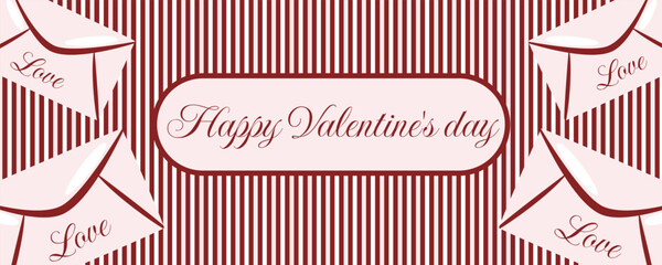 Valentine&rsquo;s Day retro horizontal banner in red and pink colors with romantic envelopes and valentine cards illustration