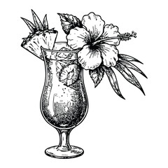 Cocktail with hibiscus flowers in elegant glass with artistic black and white illustration for menu design