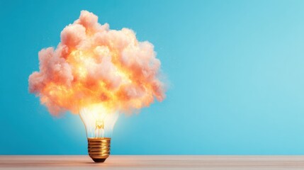 Light bulb with explosion of clouds and flames against blue background