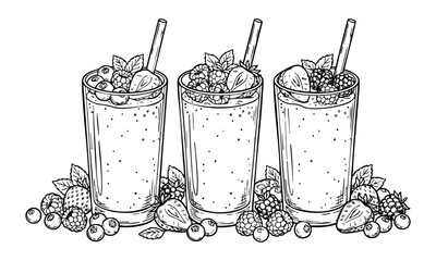 Blackberry Smoothies in Hand-Drawn Style with Monochrome Color Scheme on White Background for Healthy Eating