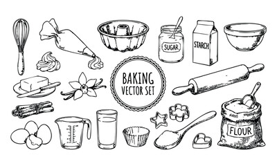 Baking Vector Icons Set in Hand-Drawn Style with Black and White Color Scheme on White Background for Graphic Design