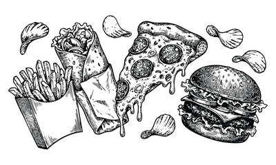 Fast Food Illustration in Hand Drawn Style with Monochrome Lighting on White Background for Menu Design