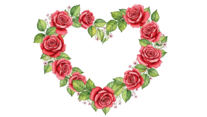Romantic heart shaped floral wreath with red roses and green leaves Watercolor valentine day illustration for greeting card