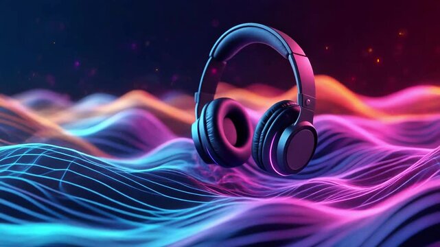 Black over-ear headphones rest against a dark backdrop of neon soundwaves in pink, purple, and blue.