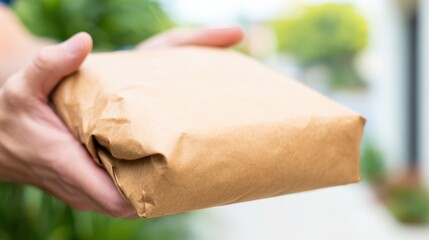 Delivery person hands over a brown package outdoors to a waiting recipient