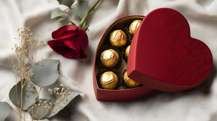Heart-shaped box with chocolates and rose present