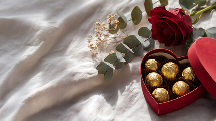 Heart-shaped box with chocolates and rose present