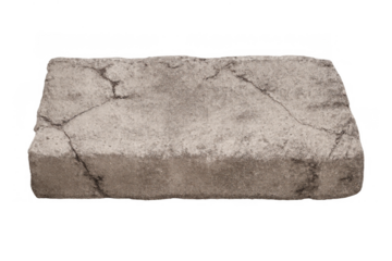 Cracked concrete block with rough texture and gray surface, showing signs of aging, on transparent background