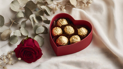 Heart-shaped box with chocolates and rose present