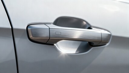Close-up of a sleek, silver car door handle, reflecting sunlight, on a clean, light-colored car.