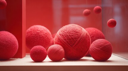 Oversized realistic red yarn balls in a whimsical visual merchandising window display with a solid red background and playful textures