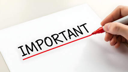 Highlighting the word important on a white sheet of paper, emphasizing a critical point for business or personal reminders, ensuring key details stand out.