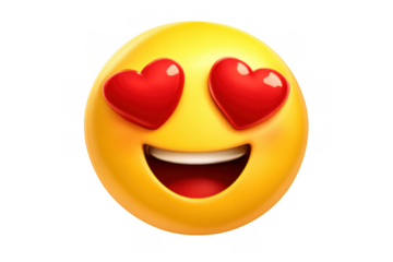 Yellow emoji face expressing deep love and adoration with happy heart-shaped eyes and open mouth on transparent background