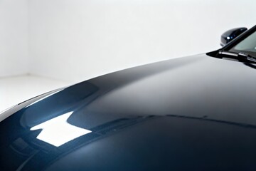 Sleek automotive design captured in a close-up, highlighting the hood's smooth contours and shine.