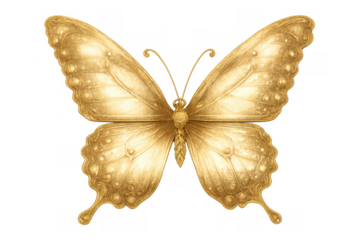 Golden butterfly with metallic wings finding luxury, elegance, and beauty. Transparent background, an insect illustration