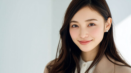 Naklejka premium Smiling Japanese woman in beige jacket and white blouse in bright light 