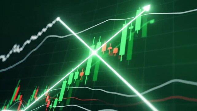 Fluctuating stock market graph with green and red candles, showing financial trends.