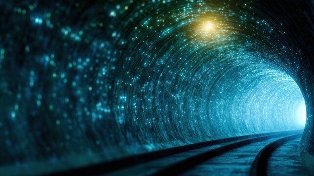 Lighted tunnel with sparkling points at the end near train tracks