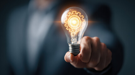 Businessman Illuminating Innovative Ideas with a Glowing Light Bulb on a Transparent Screen