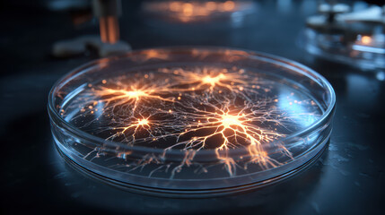 Glowing Neural Network Patterns in Petri Dish, Capturing the Intricacies of Human Nervous System Anatomy in a Lab Setting