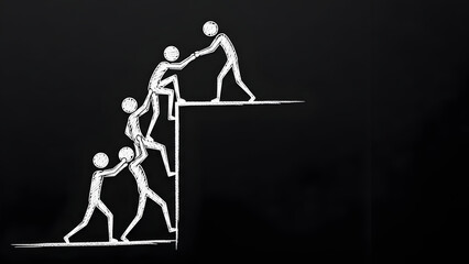 A digital rendering of a team of stick figures working together to help each other reach the top of a cliff, symbolizing teamwork and success.
