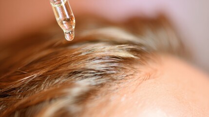 Applying hair oil using dropper on hair close to scalp at home