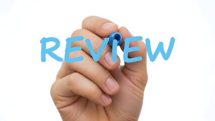 A hand is seen writing the word review with a blue marker on a clear surface, symbolizing feedback, assessment, and evaluation for business growth.