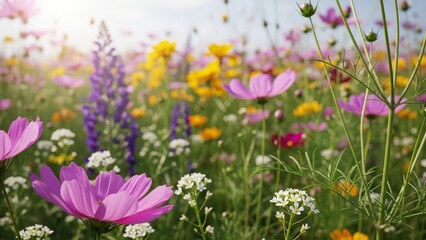 Colorful Wildflower Meadow, Cosmos, Lupine and Yellow Flowers Blooming in Summer Sunlight